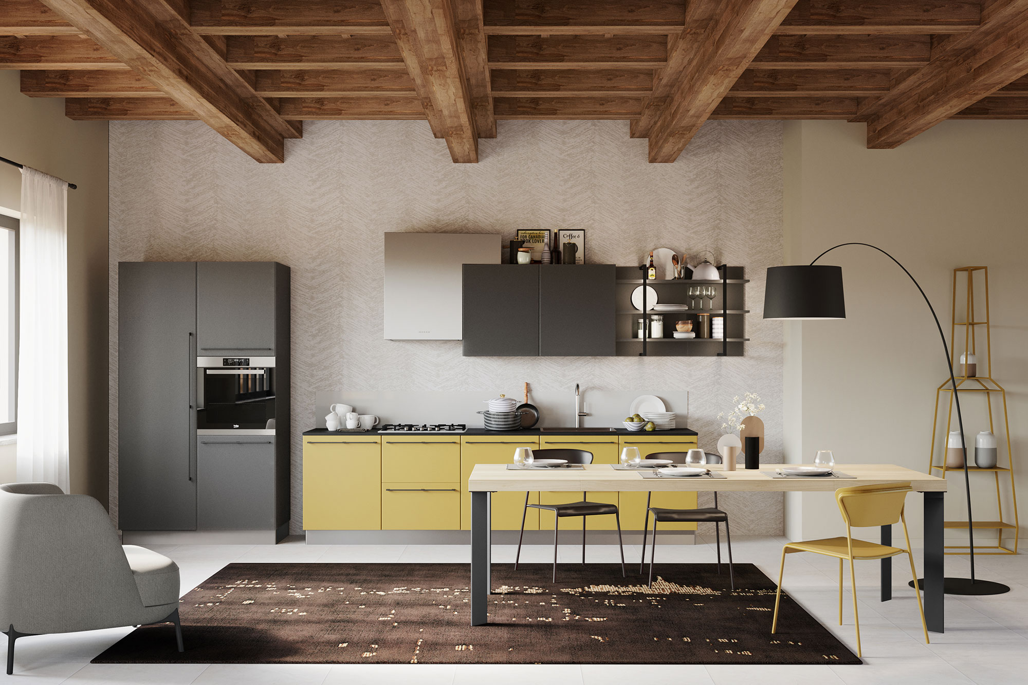 la-casa-moderna-cucina-lineare-bianco-grigio-giallo-tavolo-05