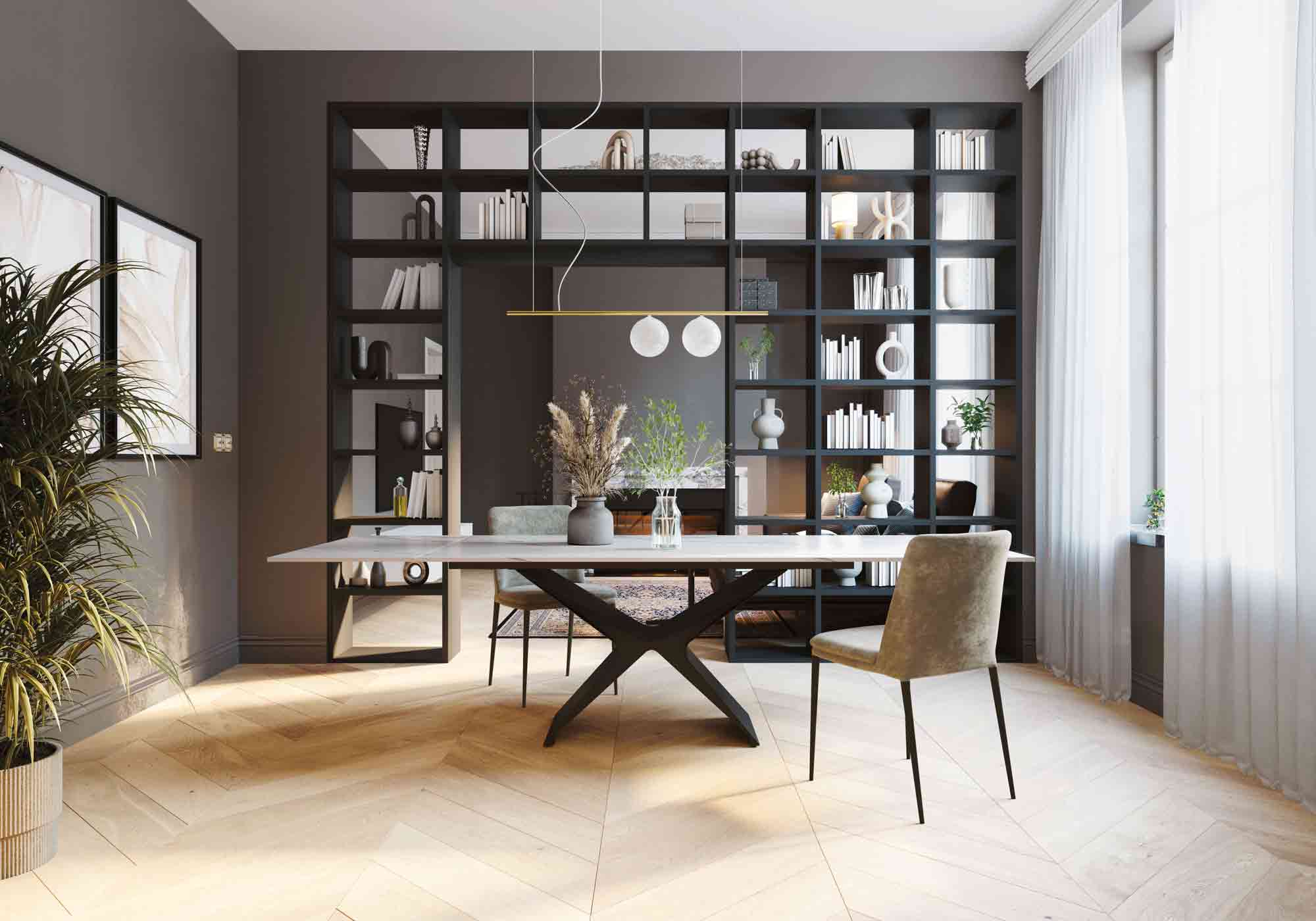 Tavolo allungabile con piano in ceramica e base in metallo