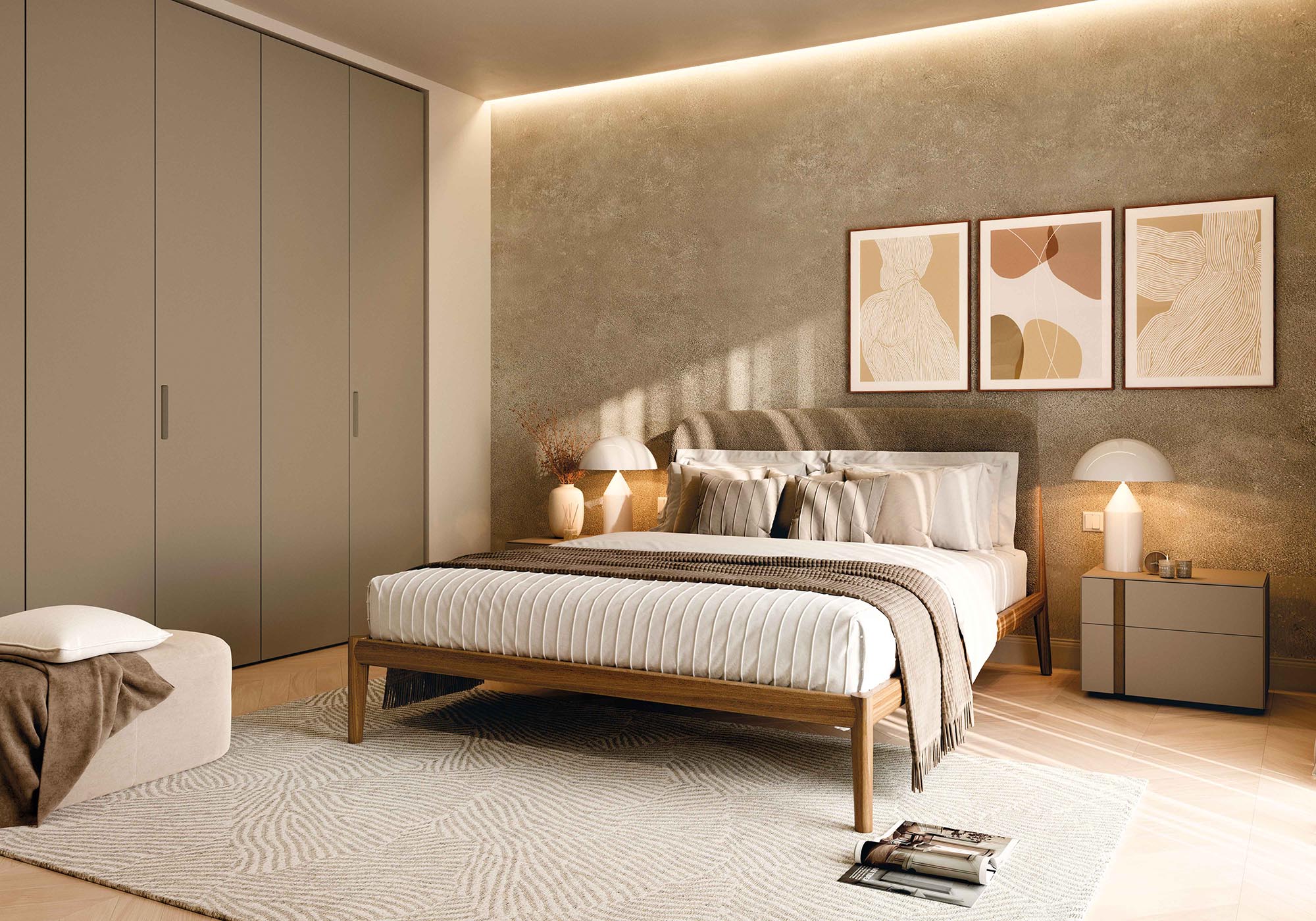 Letto in legno e testiera in tessuto - La Casa Moderna