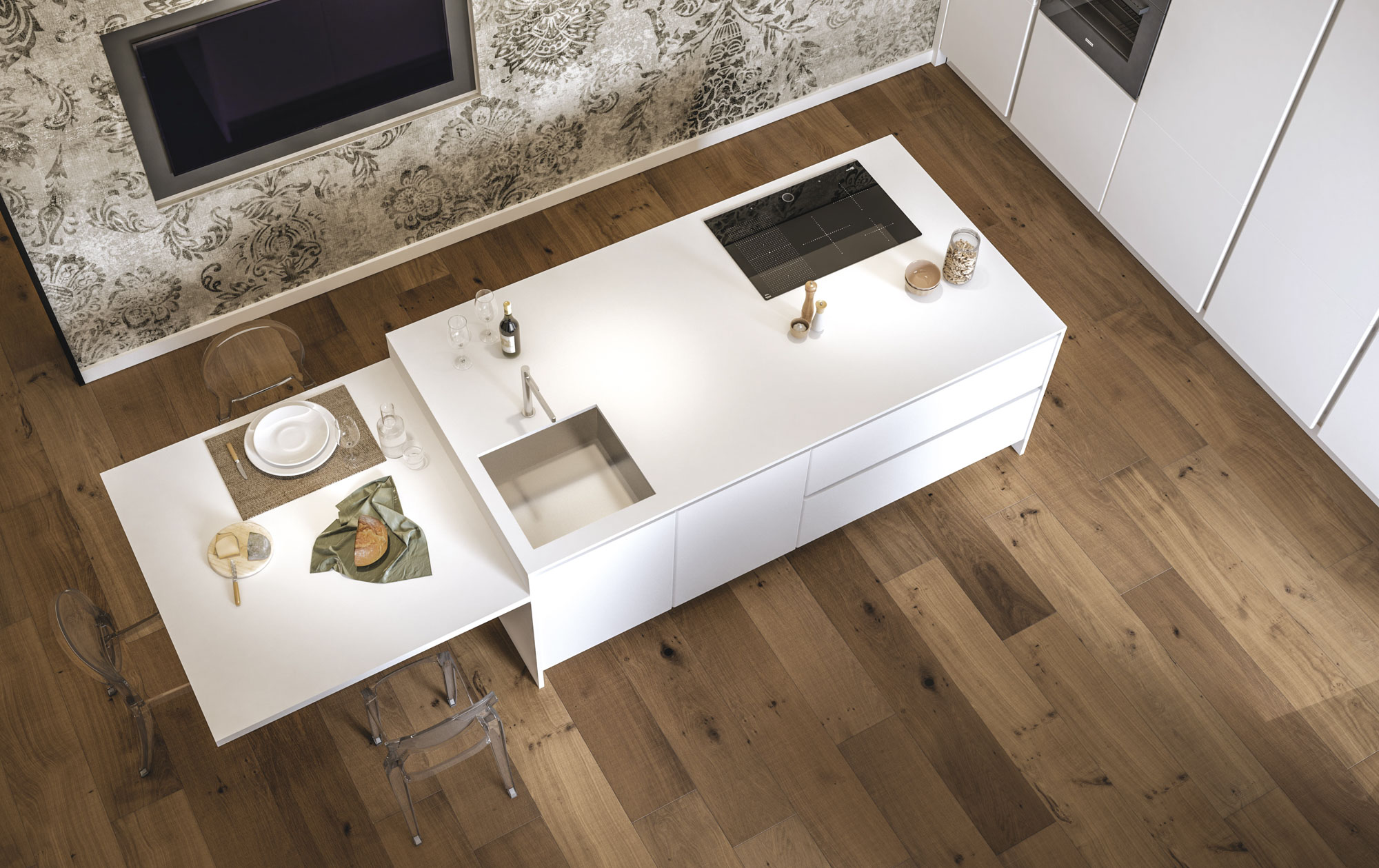 Cucina a isola bianca con gamba in vetro Pratica 2209 - La Casa Moderna