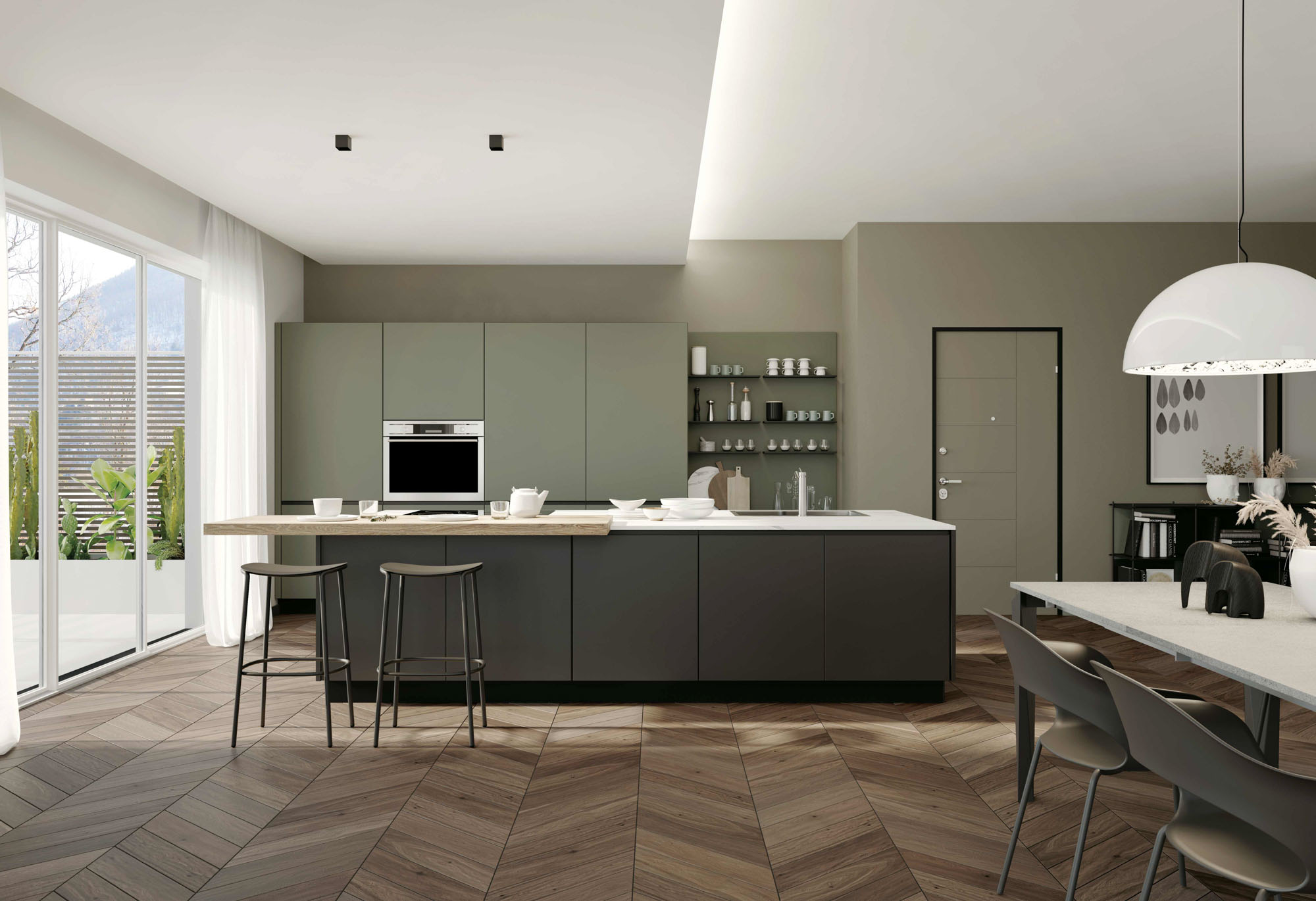 Cucina a isola con colonne verdi Pratica 2307 - La Casa Moderna