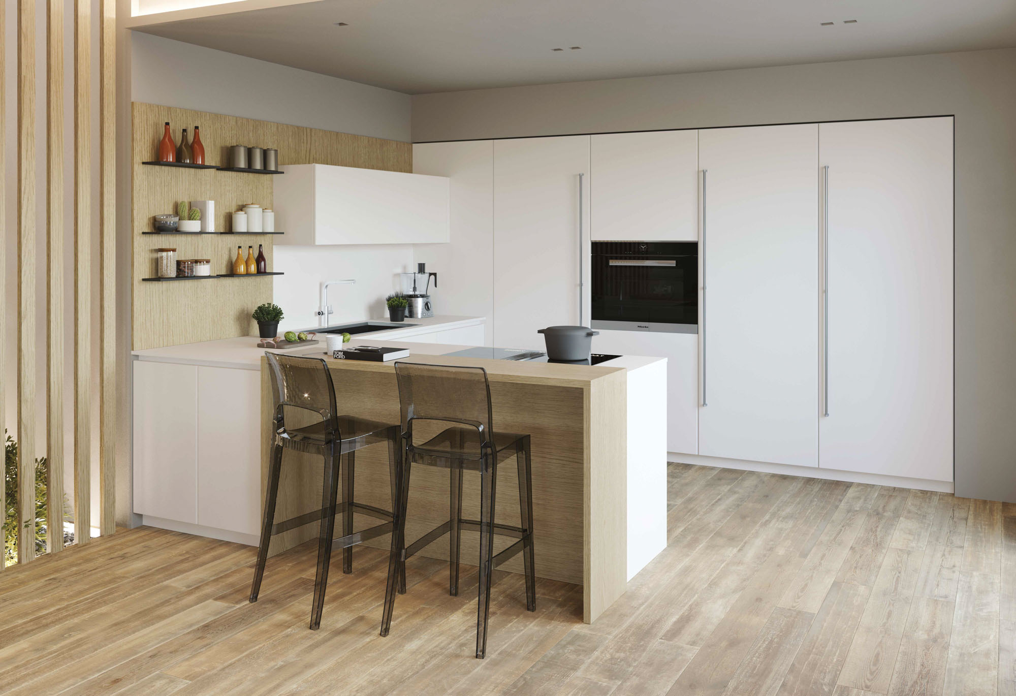 Cucina a penisola bianca ed effetto legno Pratica 2312 - La Casa Moderna