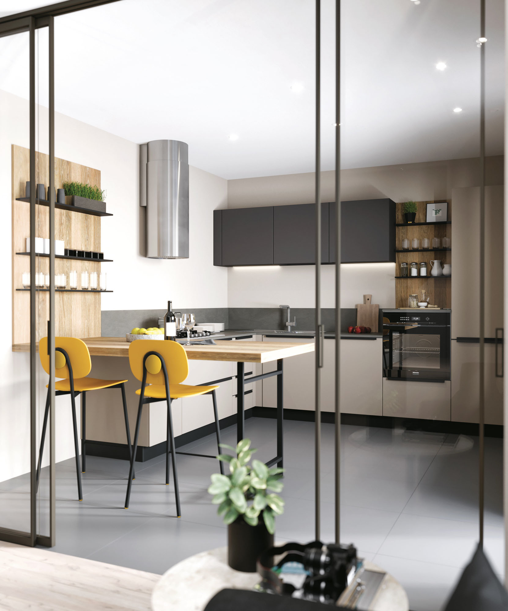 Cucina a penisola grigio ed effetto legno Pratica 2206 - La Casa Moderna