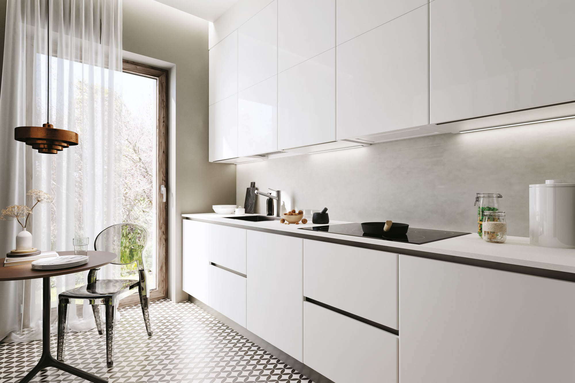 Cucina bianca lineare con gole acciaio - Pratica 2204