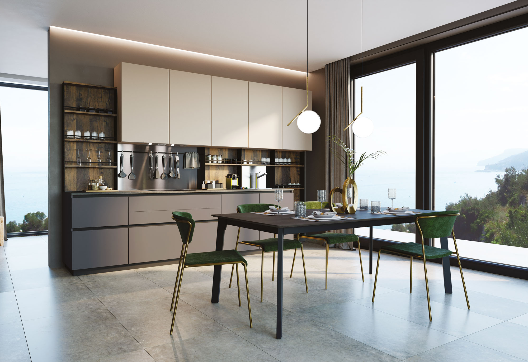 Cucina lineare beige e grigio - Pratica 2212